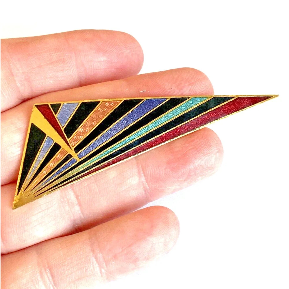Vintage Siti Jewelry Brooch Mod Geometric Enamel On Goldtone Pin Triangle Shape
